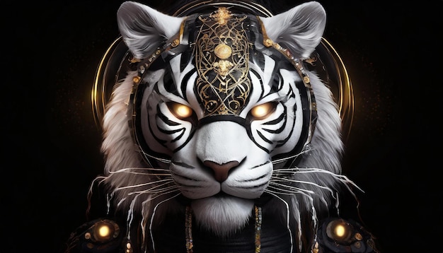 a tiger with a gold headband and a mask that says quot tiger quot