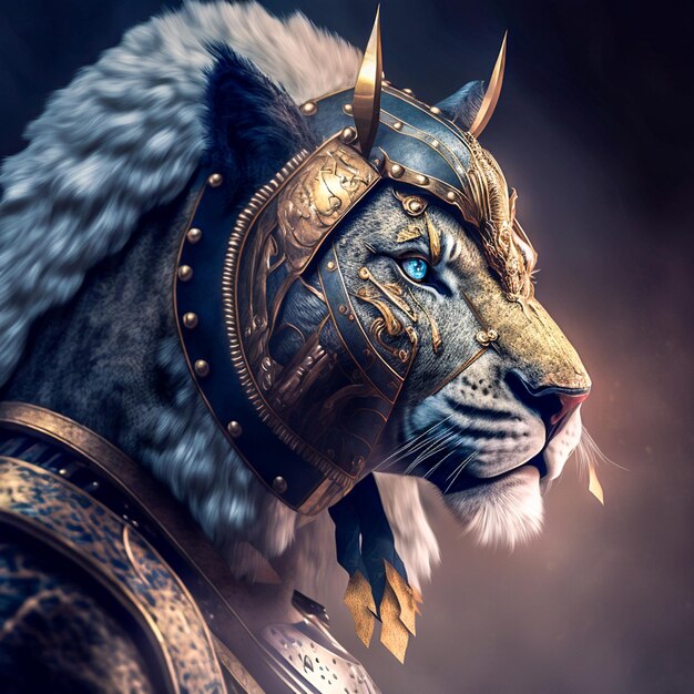 A tiger with a gold helmet and a blue eyes