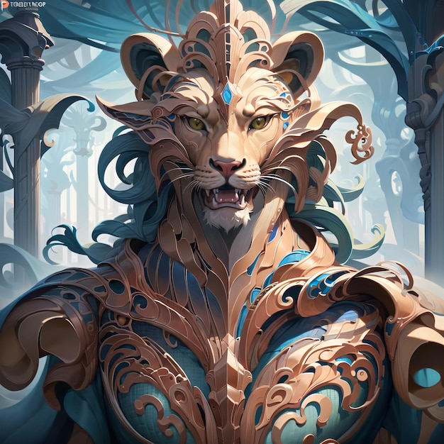 A tiger with a golden mane and a blue and gold head.