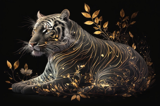 Тигр с золотым орнаментом и листьями на черном фоне Generative AI