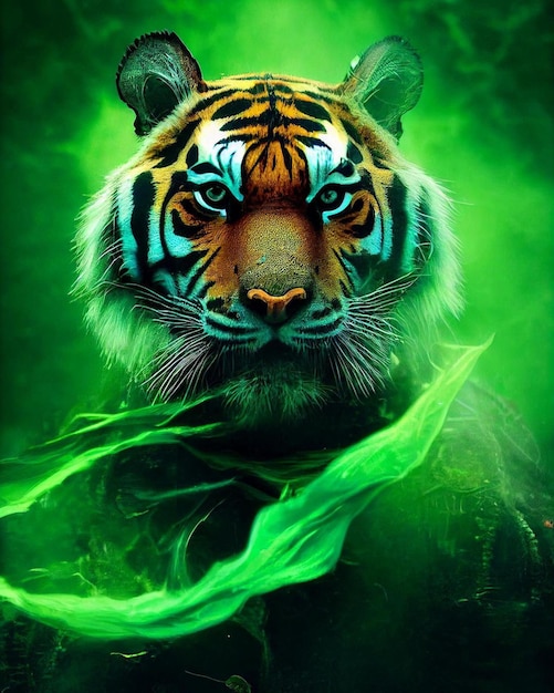 A tiger with a green background