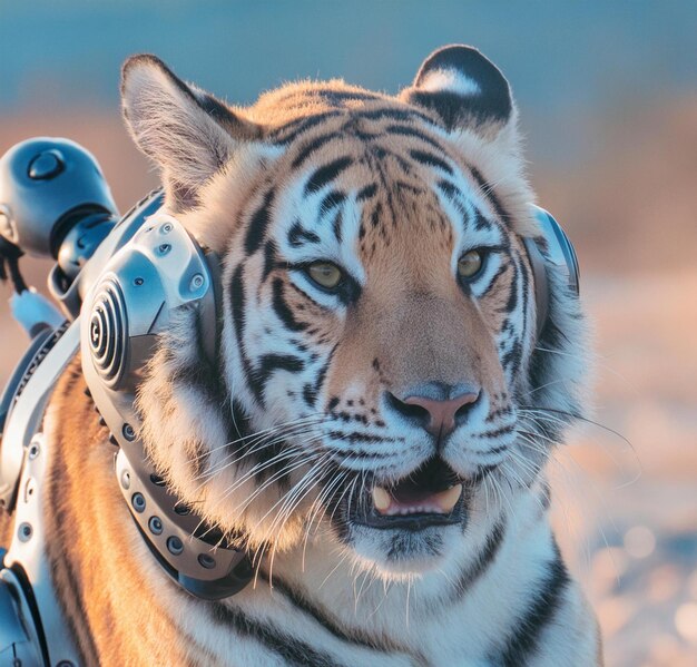 Photo a tiger with a harness on its back is shown