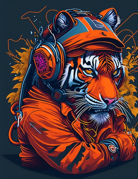 A tiger with a headphone and a helmet on a tshirt design illustration