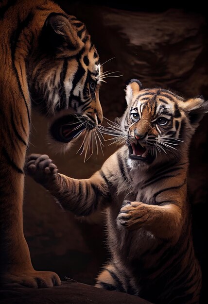 Tiger with its cub playing together in the sunshine generative ai