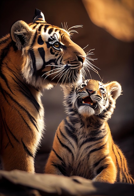 Tiger with its cub playing together in the sunshine generative ai