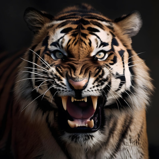 A tiger with its mouth open and a black background.