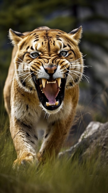 Foto una tigre con la bocca aperta e la bocca aperta.