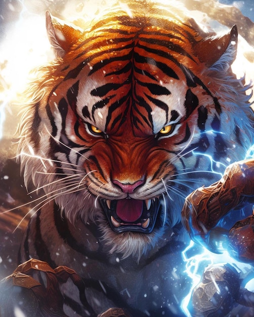 A tiger with a lightning bolt on his face