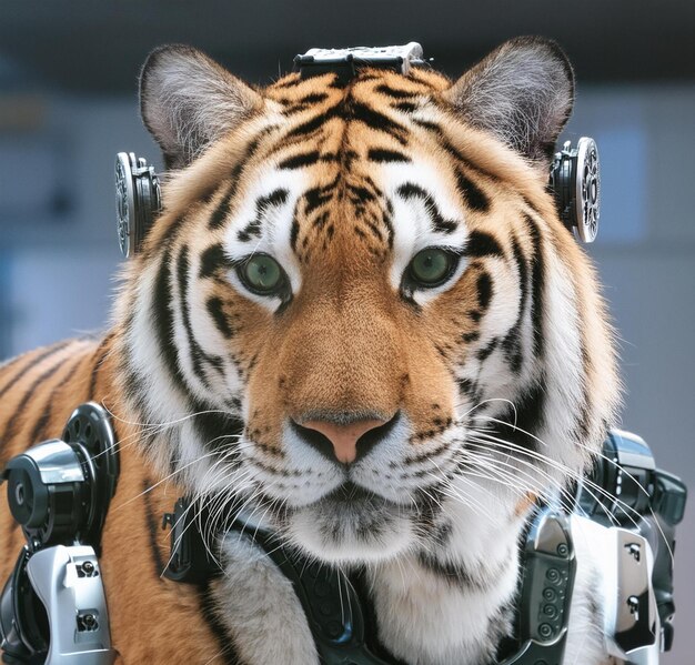 Photo a tiger with mechanical arms