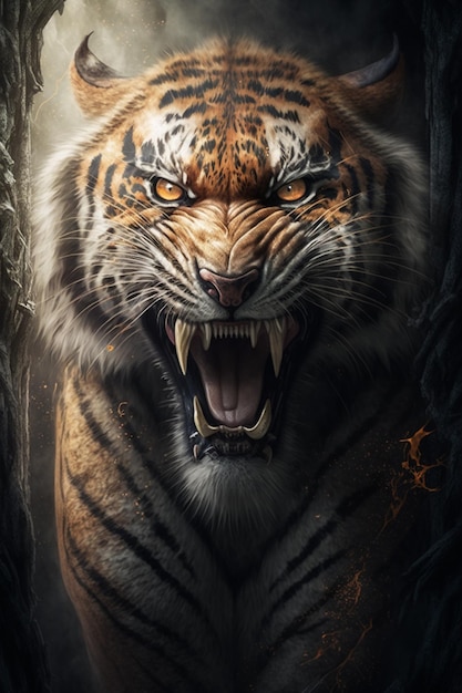 Photo tiger with open mouth and fangs in a dark forest generative ai