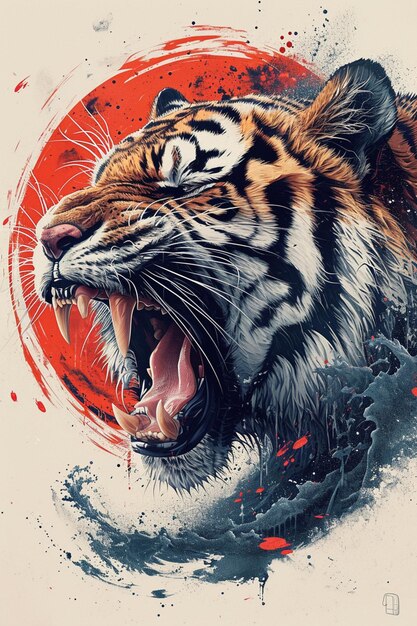 Tiger with open mouth and mouth wide open with blood splatters Tiger with open mouth and mouth wide open with blood splatters