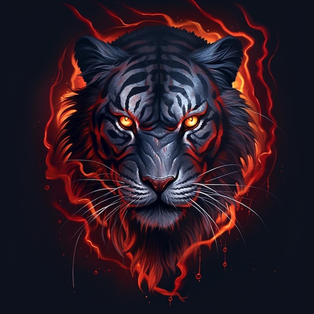 A tiger with orange eyes is on a black background