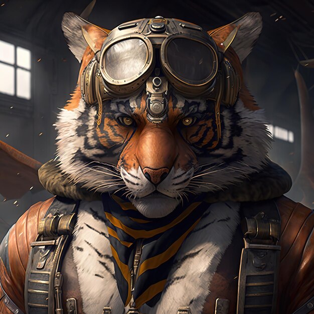 A tiger with a pilot's helmet and glasses is standing in front of a building.
