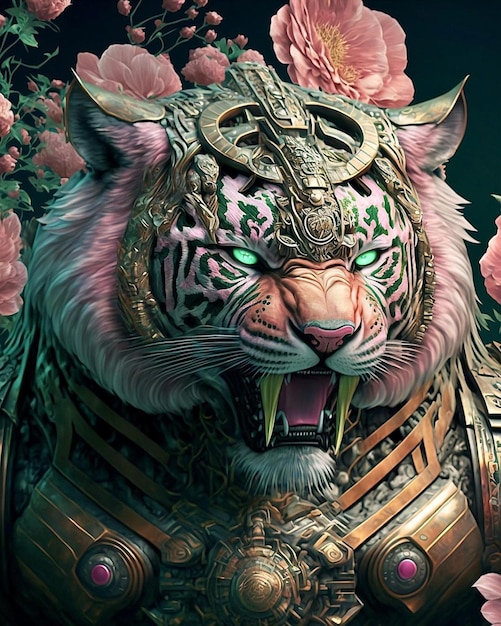 A tiger with a pink flower in the middle