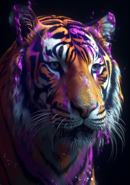 A tiger with purple and black stripes on its face