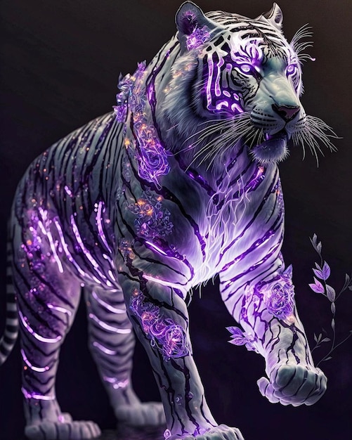 A tiger with purple and blue lights on its face