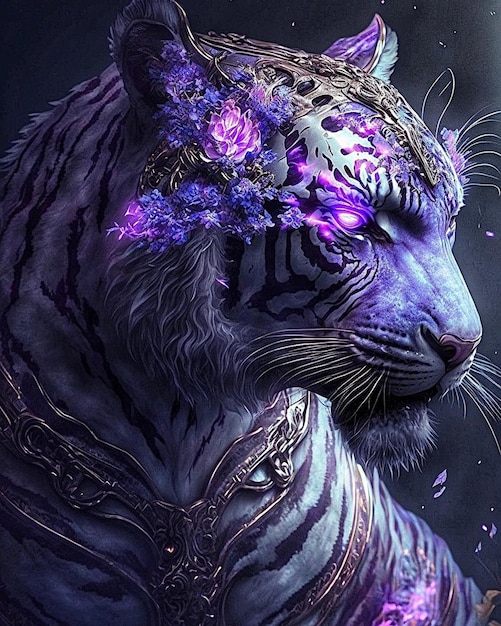 A tiger with purple flowers on its head