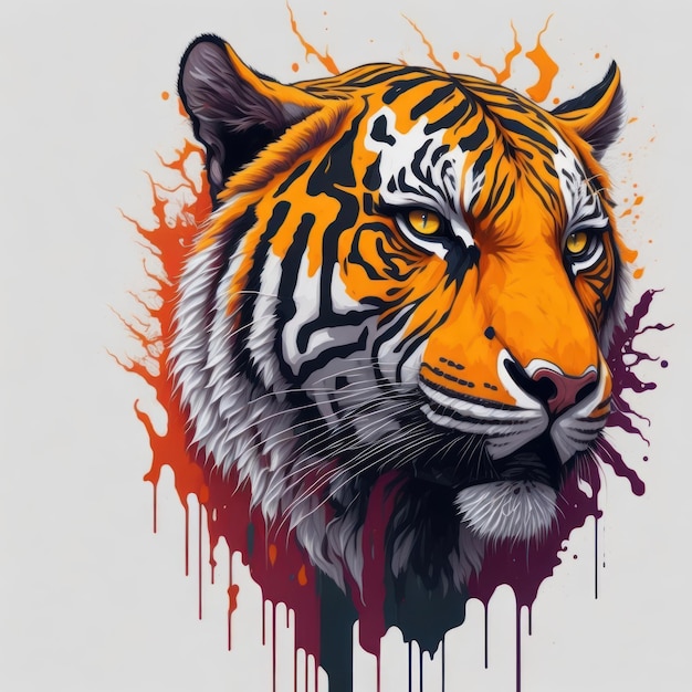 A tiger with a purple and orange background and the word tiger on it.