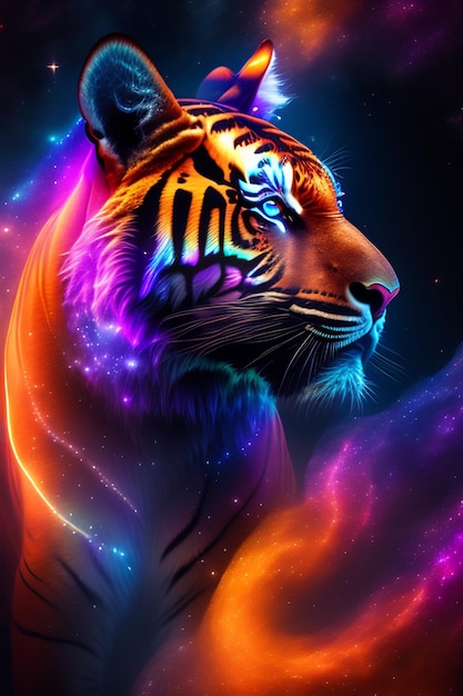 A tiger with a rainbow background