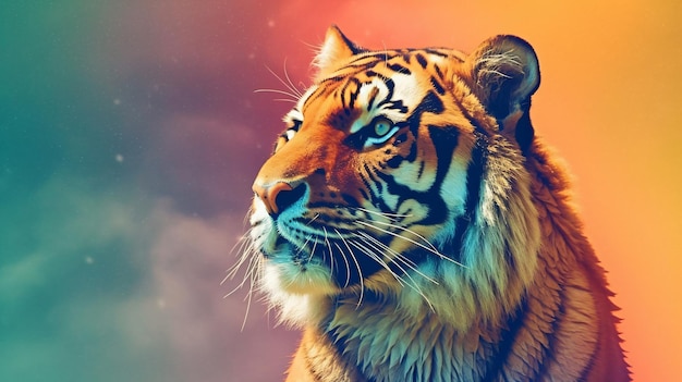 A tiger with a rainbow background