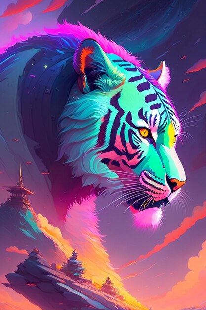 A tiger with a rainbow face.