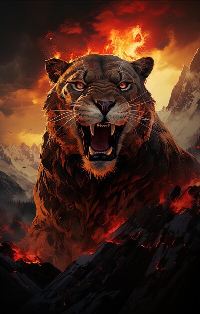 a tiger with a red background and a mountain in the background