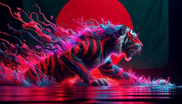 a tiger with a red background and a red moon behind it