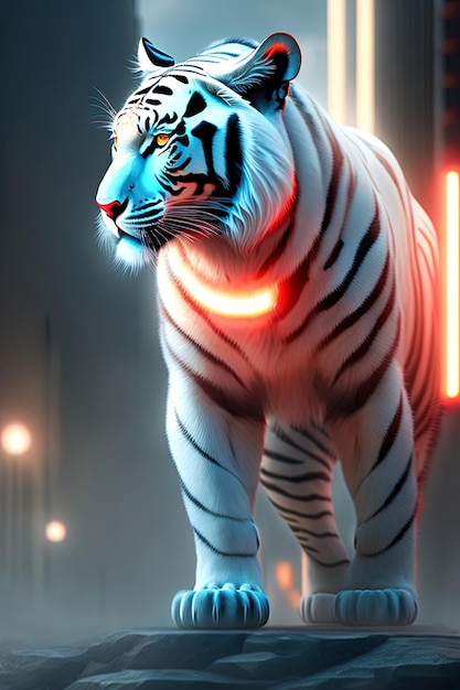 Тигр с красным светодиодным ошейником