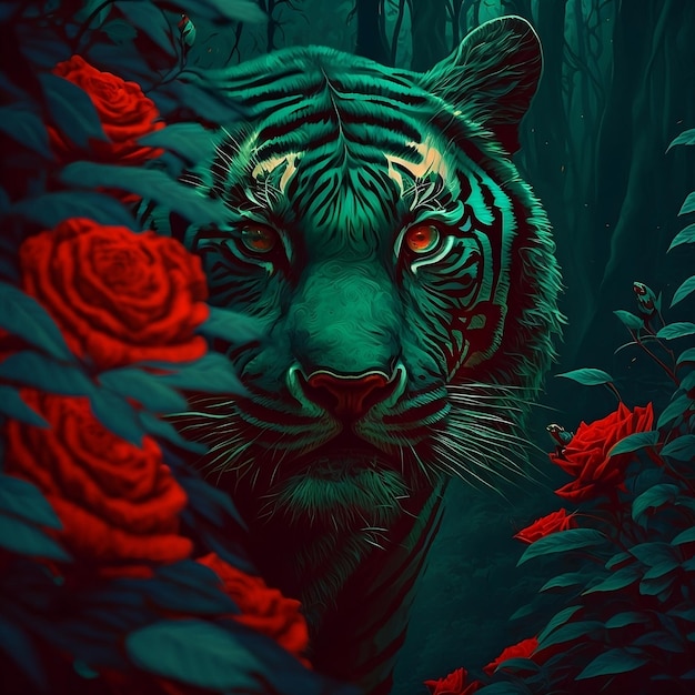 A tiger with red roses on the background