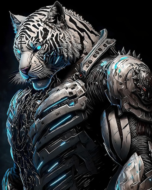 A tiger with a robot on his chest