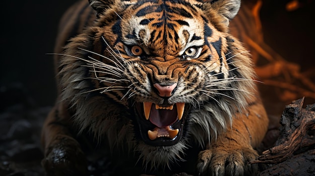 a tiger with a sharp teeth showing its teeth.