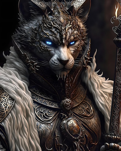 A tiger with a sword and a blue eyes