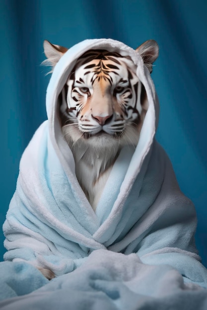 Tiger with white bathrobe pastel blue background