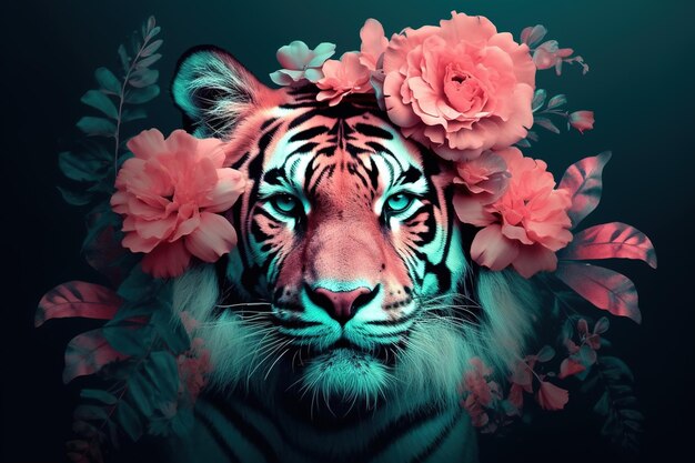 a tiger with a wreath of flowers over its head