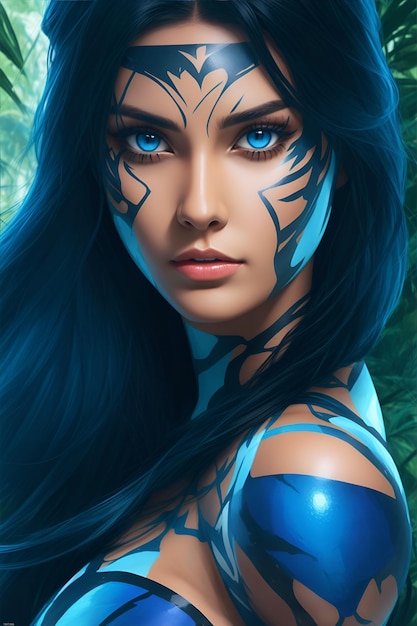 Женщина-тигр с голубыми глазами идеальное тело в джунглях черные волосы