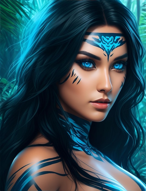 A tiger woman blue eyes Perfect body In the jungle Black hair