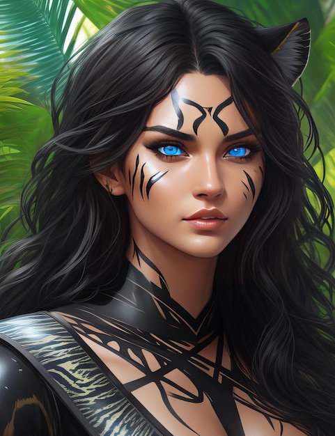 Женщина-тигр с голубыми глазами идеальное тело в джунглях черные волосы