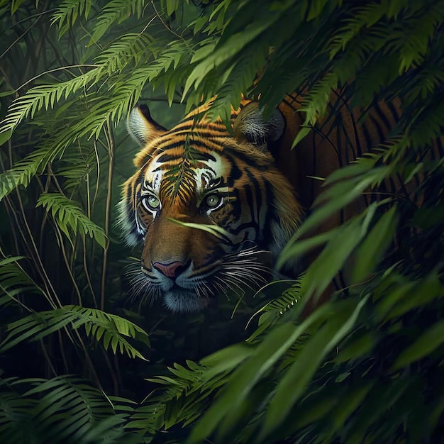 A tiger in the woods with the light shining on its face