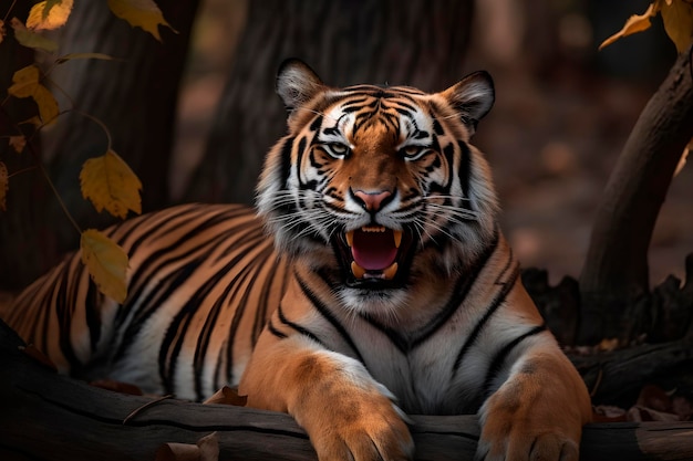 A tiger in the woods with a tree in the background