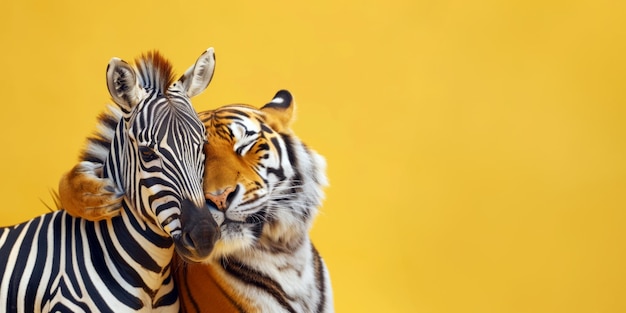 黄色い背景の動物園のコンセプトで,虎とゼブラが優しく抱きしめ合っている
