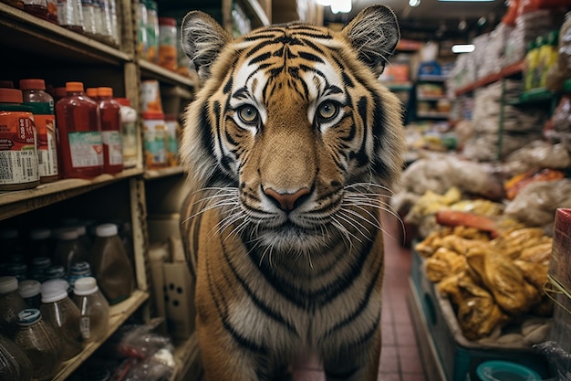 La curiosa ispezione di tiger all'interno di un negozio di alimentari ai generativa