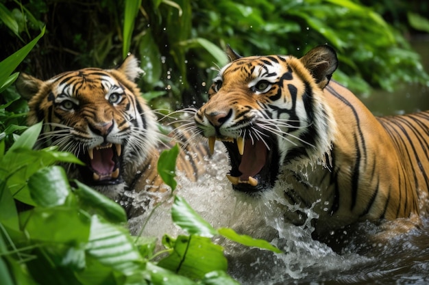 tigers clashing over prey in a jungle setting created with generative ai