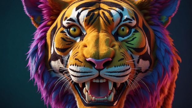 A tigers face with green eyes and an open mouth full of sharp white teeth