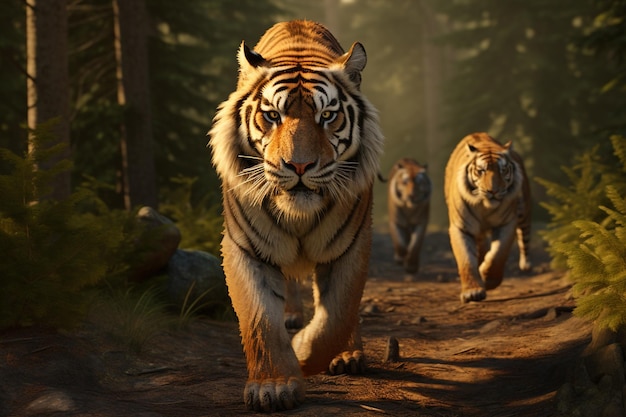 Tigers on the move in the forest