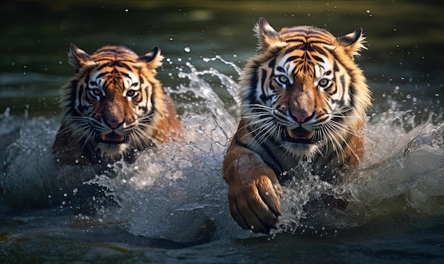 Photo tigers running in the water in the style of photorealistic compositions