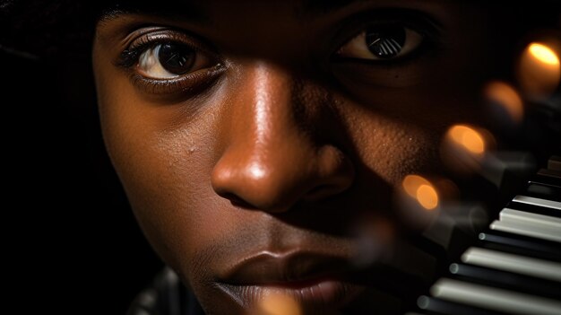 A tight closeup of a musician's expressive eyes conveying their emotion whilst engrossed in passionate jazz