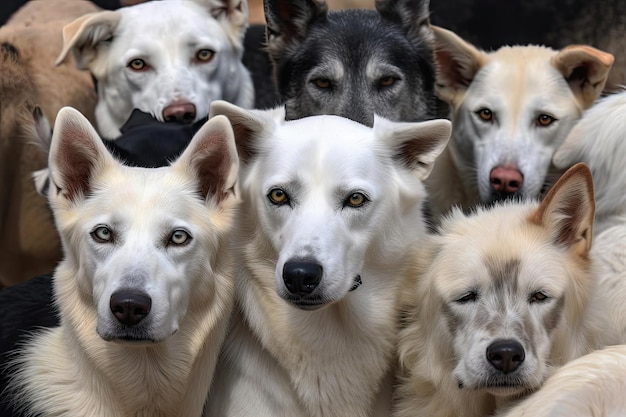 A tight pack of dogs all with their eyes on you showing their submission created with generative ai