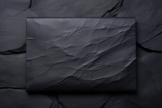 A tightly closed black envelope on a smooth stone surface