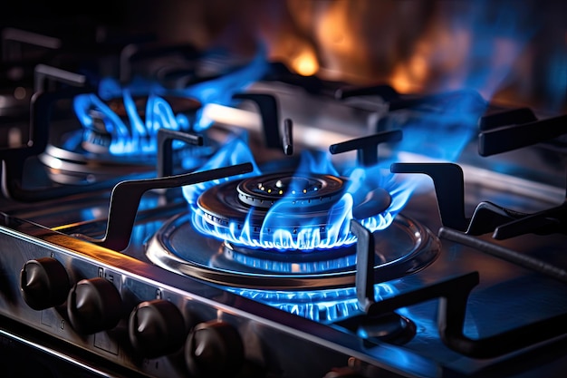 A tightly focused image capturing the intense blue flames of a propane gas stove burner in a home ki...