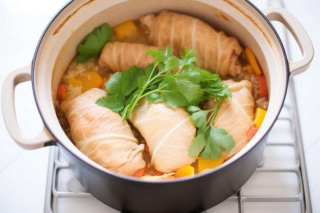 Tightly packed uncooked cabbage rolls in a steaming pot